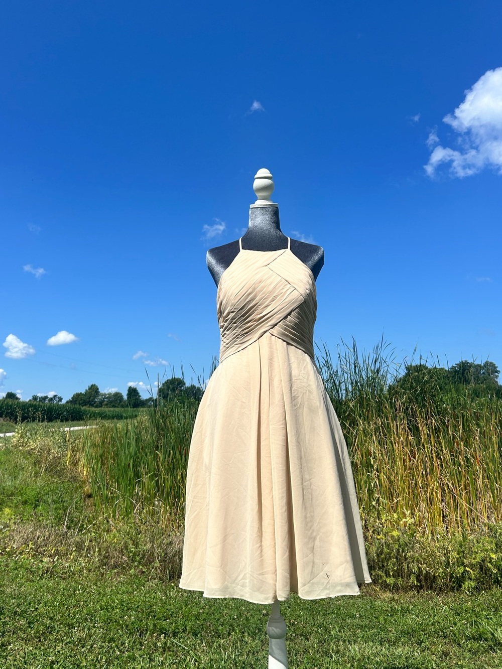 Azazie beige Halter Midi Dress